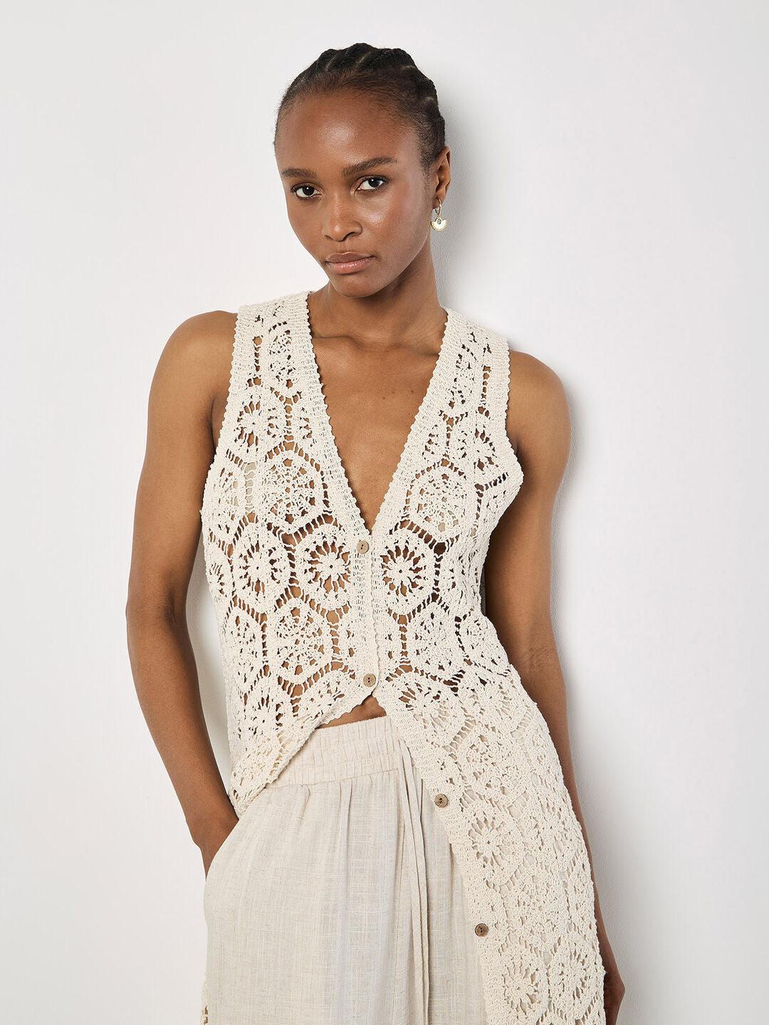 Crochet Longline Sleeveless Cardigan