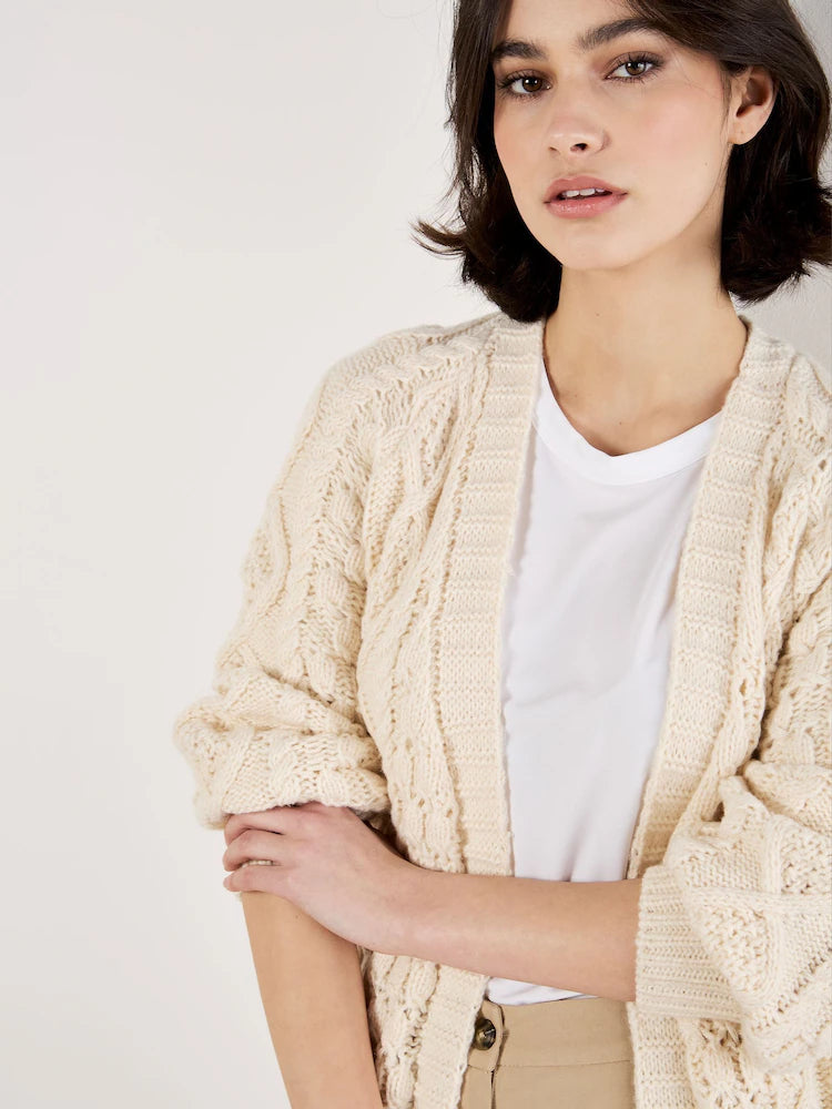 Cream Cable Knit Open Midi Cardigan
