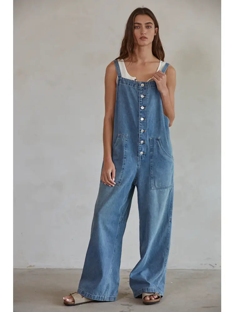 Denim Square Neck Overalls