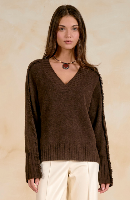 V Neck Sweater with Fray Sleeve