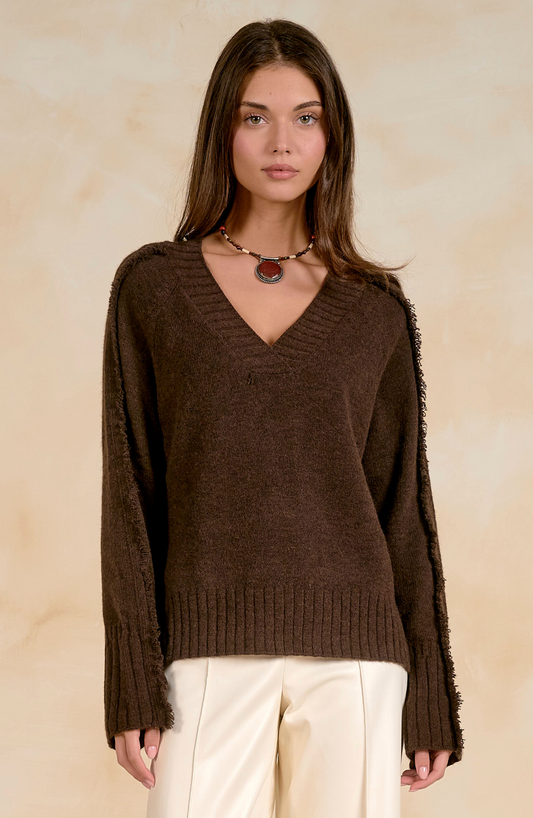 V Neck Sweater with Fray Sleeve