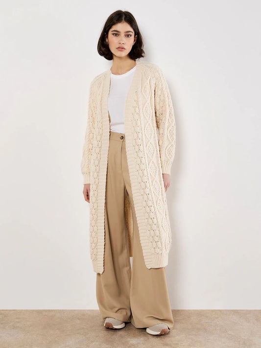 Cream Cable Knit Open Midi Cardigan