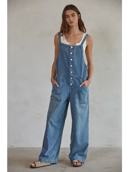 Denim Square Neck Overalls